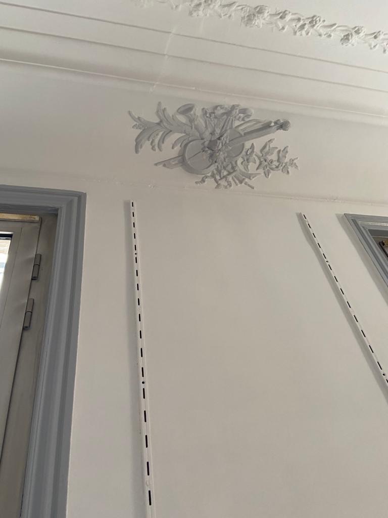 Placards muraux moulurés peints en bicolore et cheminée